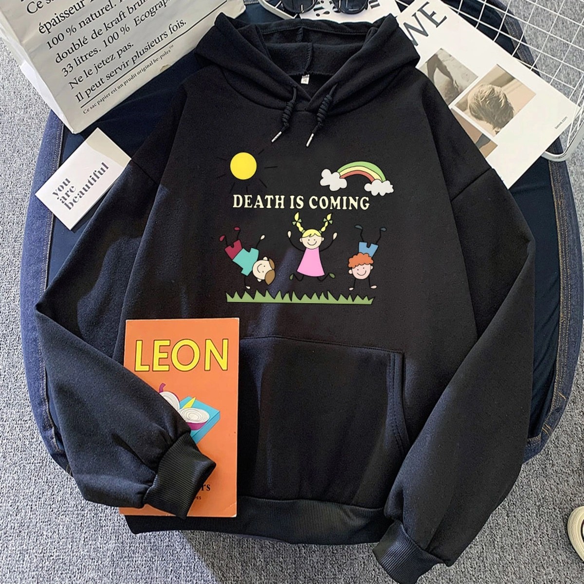 Tarzsokak Siyah Sevimli Karikatür Grafik Hoodies Ölüm Geliyorsevimli Clothing Dera