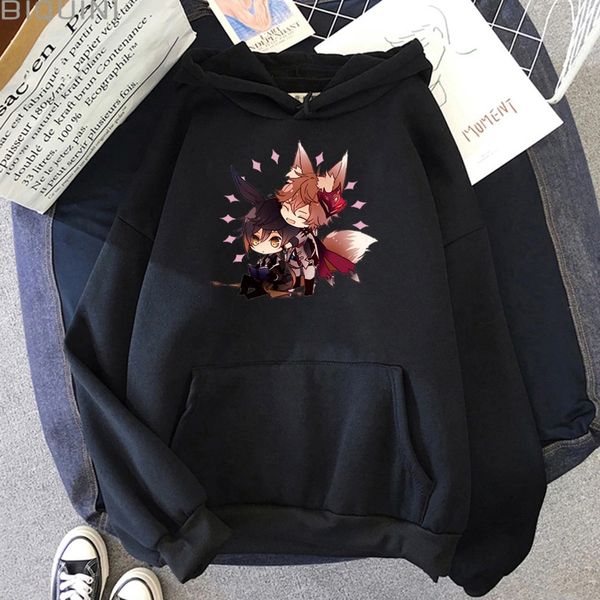 Tarzsokak Siyah Genshin Darbe Zhong Li Tartaglia Kawaii Hoodies Rahat Boy P