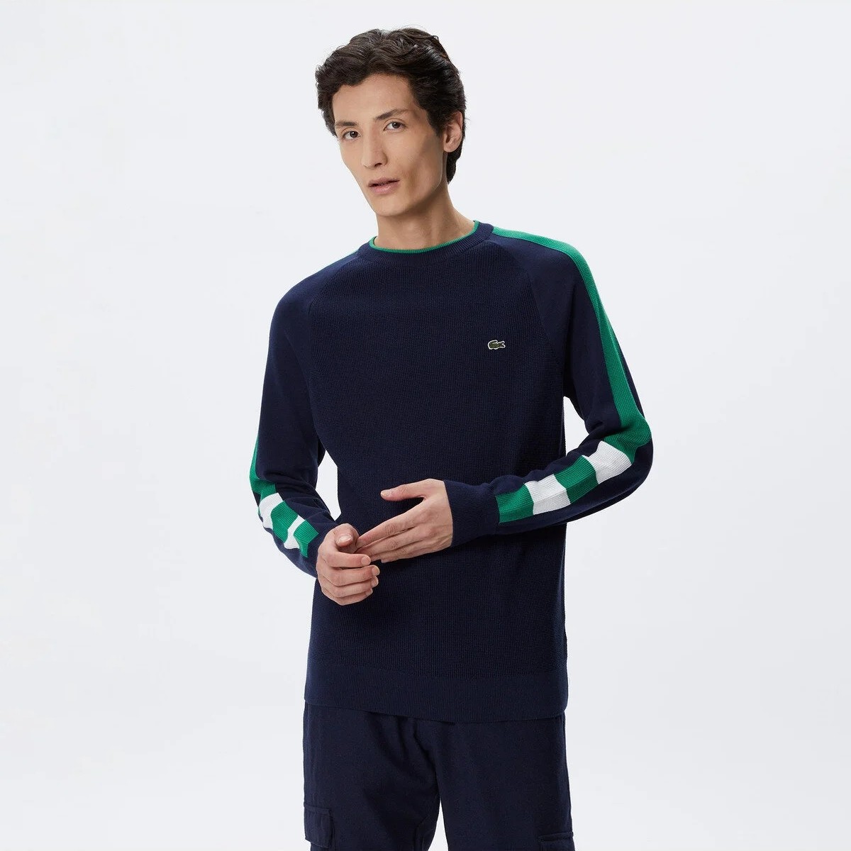 Lacoste Erkek Regular Fit Uzun Kollu Bisiklet Yaka Renk Bloklu Lacivert Triko