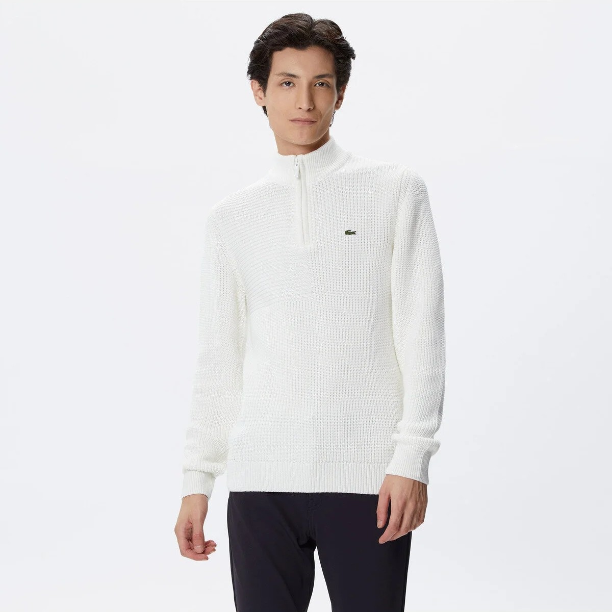 Lacoste Erkek Regular Fit Uzun Kollu Dik Yaka Desenli Ekru Triko