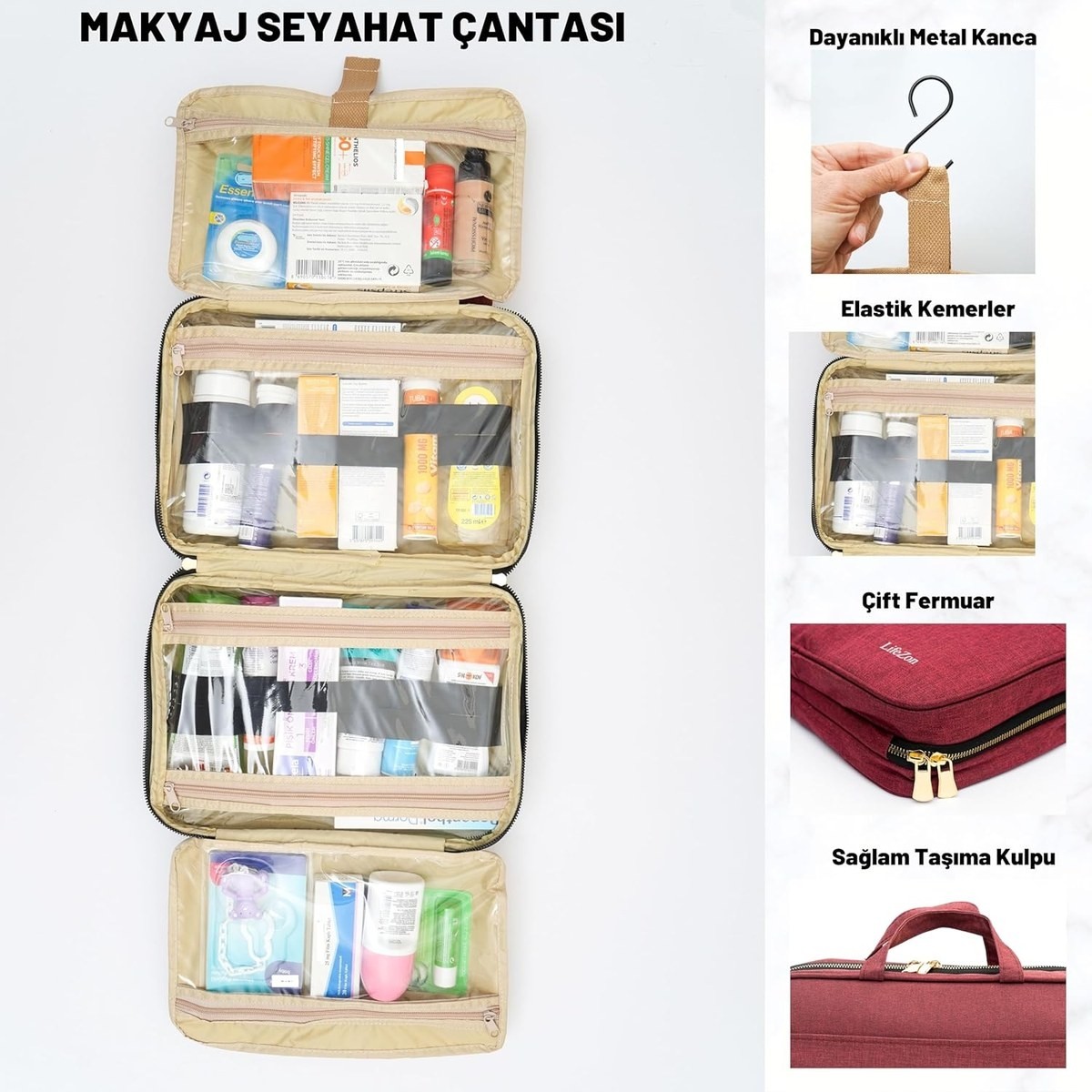 Lifezon Makyaj Seyahat Çantası Bavul Düzenleyici Makyaj Bavulu Çanta Kozmetik Bakım Çantası ( görsel 3