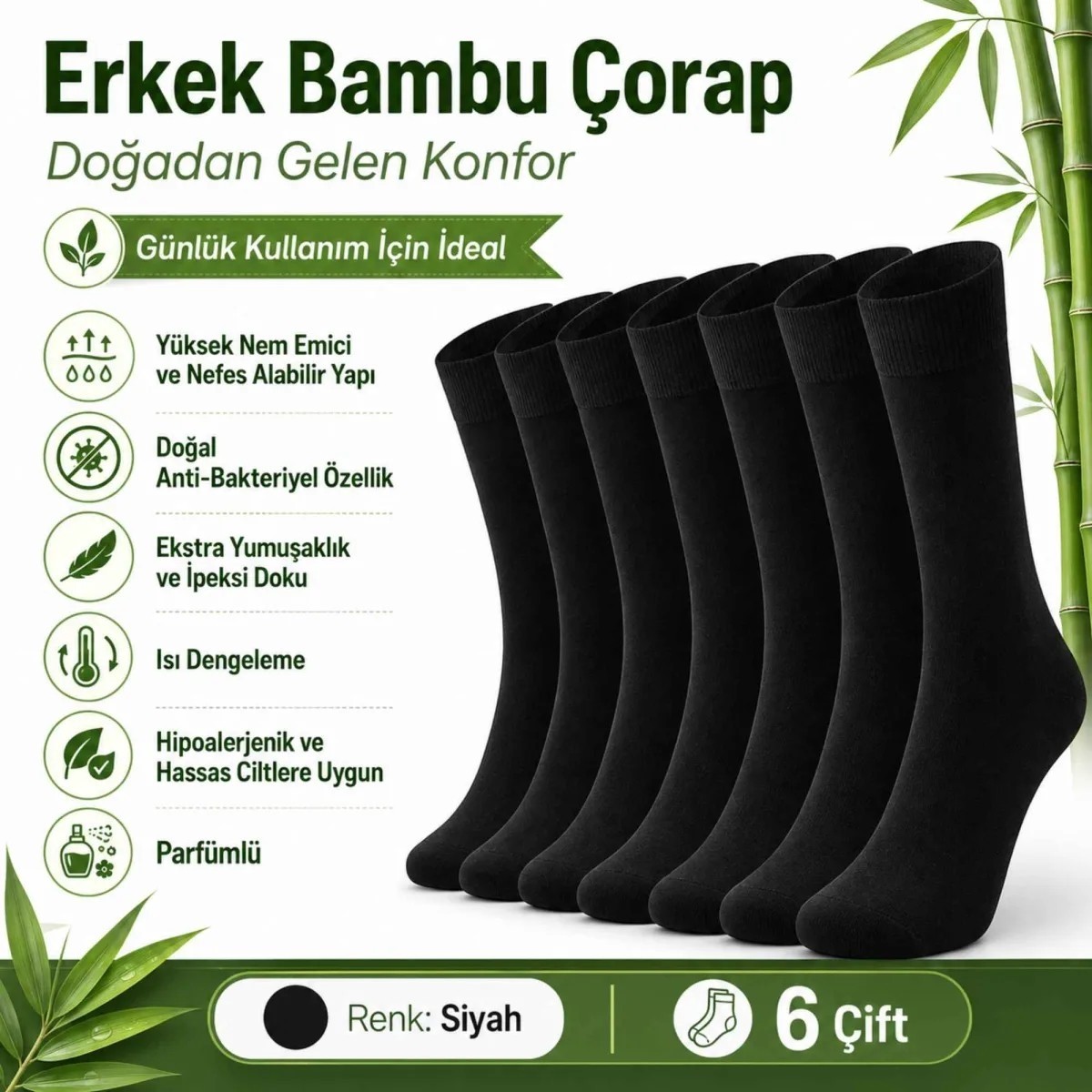 Fantezia Wak Erkek Bambu Soket Çorap 6’lı Paket, Dikişsiz Parfümlü Nefes Alan Yumuşak Nem Emici Günlük Uzun Çorap görsel 5
