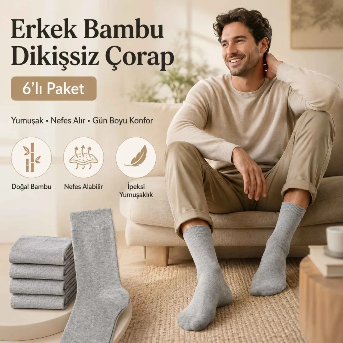 Fantezia Wak Erkek Bambu Soket Çorap 6’lı Paket, Dikişsiz Parfümlü Nefes Alan Yumuşak Nem Emici Günlük Uzun Çorap görsel 6