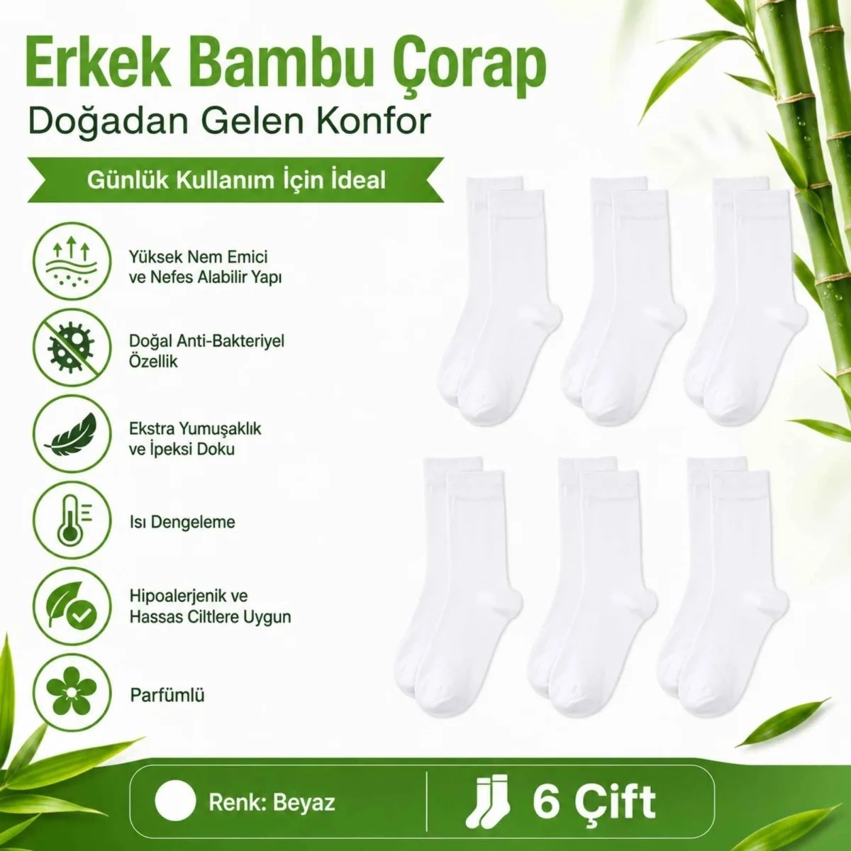 Fantezia Wak Erkek Bambu Soket Çorap 6’lı Paket, Dikişsiz Parfümlü Nefes Alan Yumuşak Nem Emici Günlük Uzun Çorap görsel 7