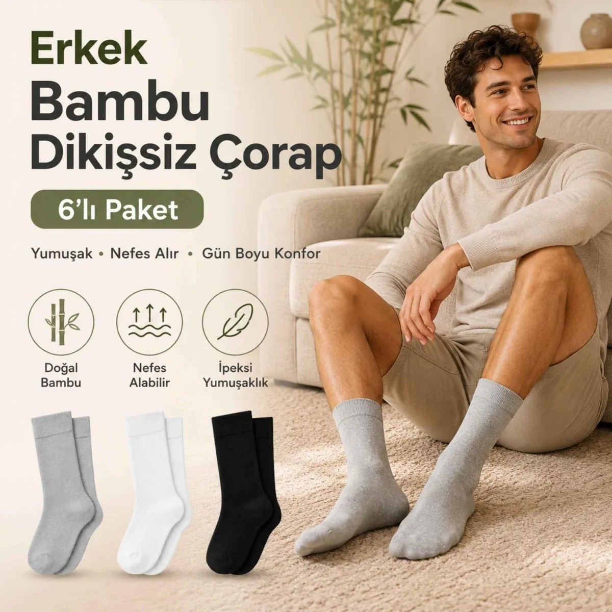 Fantezia Wak Erkek Bambu Soket Çorap 6’lı Paket, Dikişsiz Parfümlü Nefes Alan Yumuşak Nem Emici Günlük Uzun Çorap görsel 8