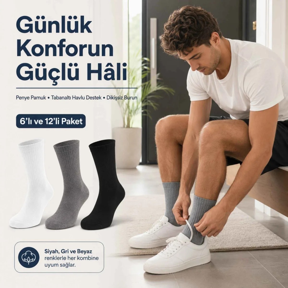 Fantezia Wak Erkek Spor Çorap 12 Çift, Taban Altı Havlu Destekli Penye Pamuklu Uzun Konç Çorap görsel 3