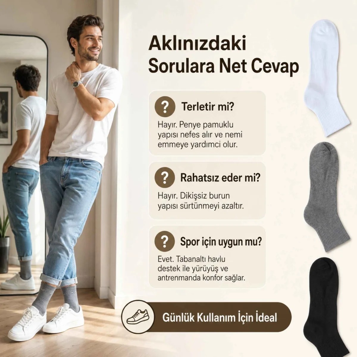 Fantezia Wak Erkek Spor Çorap 12 Çift, Taban Altı Havlu Destekli Penye Pamuklu Uzun Konç Çorap görsel 4