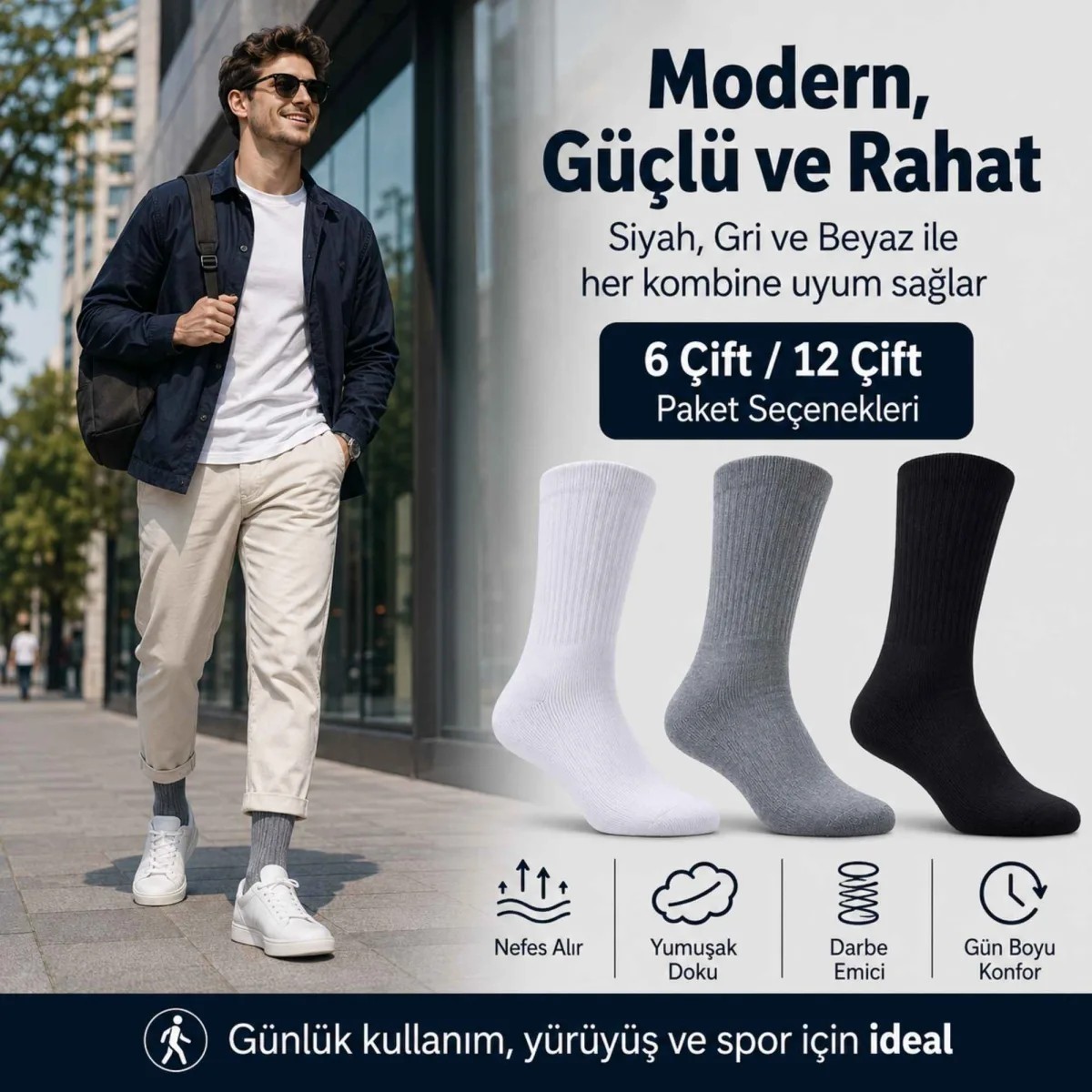 Fantezia Wak Erkek Spor Çorap 12 Çift, Taban Altı Havlu Destekli Penye Pamuklu Uzun Konç Çorap görsel 7