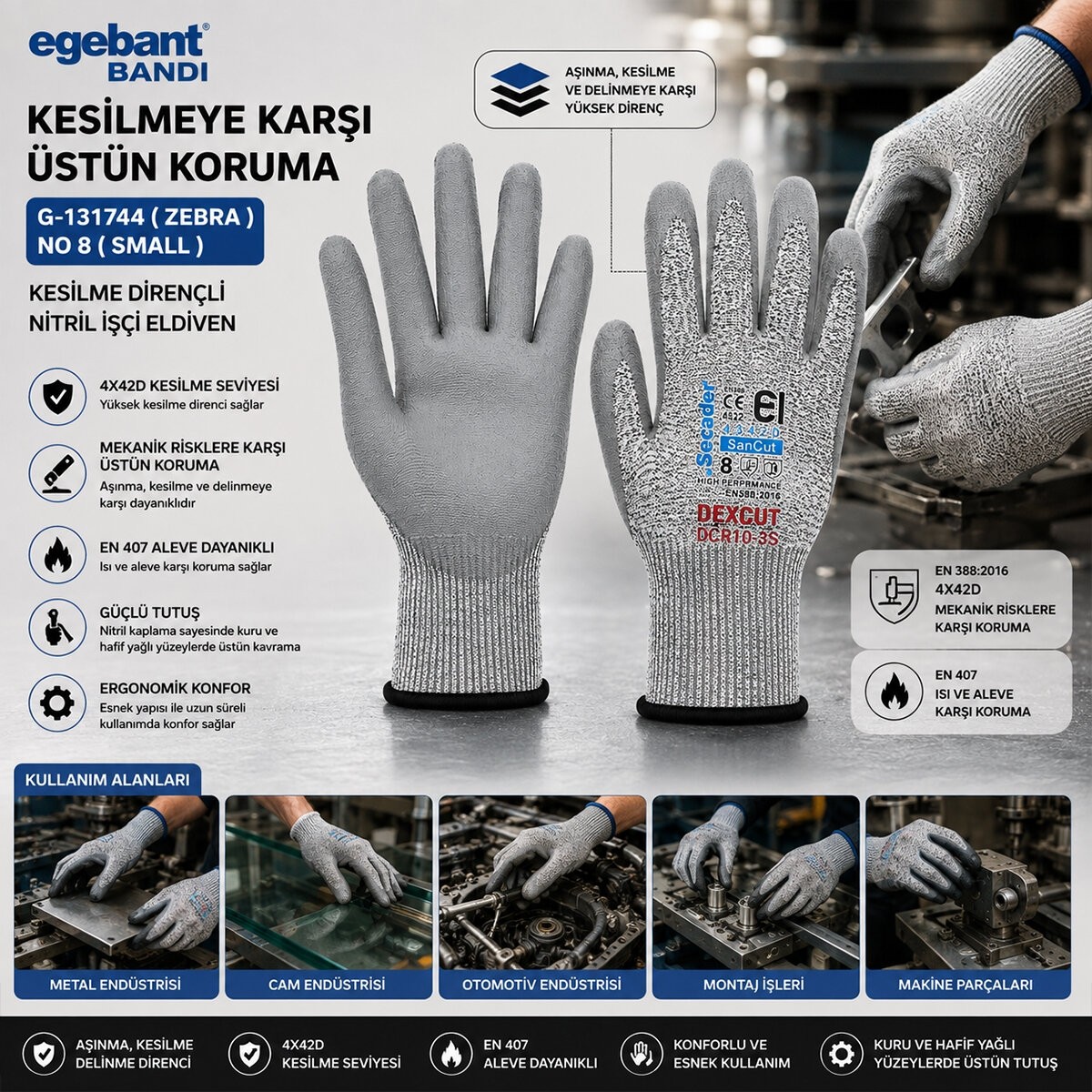TeknoKapsül 10 Adet Zebra No 8 Small Kesilme Dirençli Nitril Işçi Eldiven Bandı (5643) görsel 2