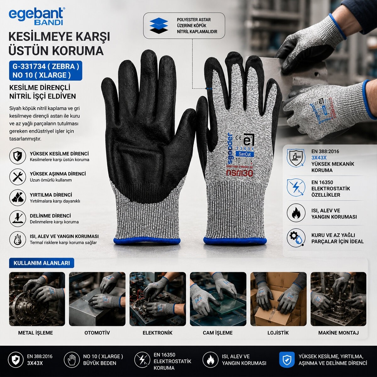 TeknoKapsül 10 Adet Zebra No 10 Xlarge Kesilme Dirençli Nitril Işçi Eldiven Bandı (5643) görsel 2