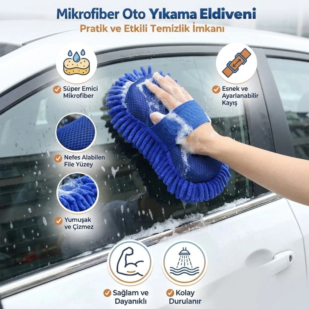 TeknoKapsül Mikrofiber Oto Yıkama Eldiveni, Kalın Süngerli Araç Temizleme Bezi, Araba Yıkama Eldiveni (5643) görsel 3