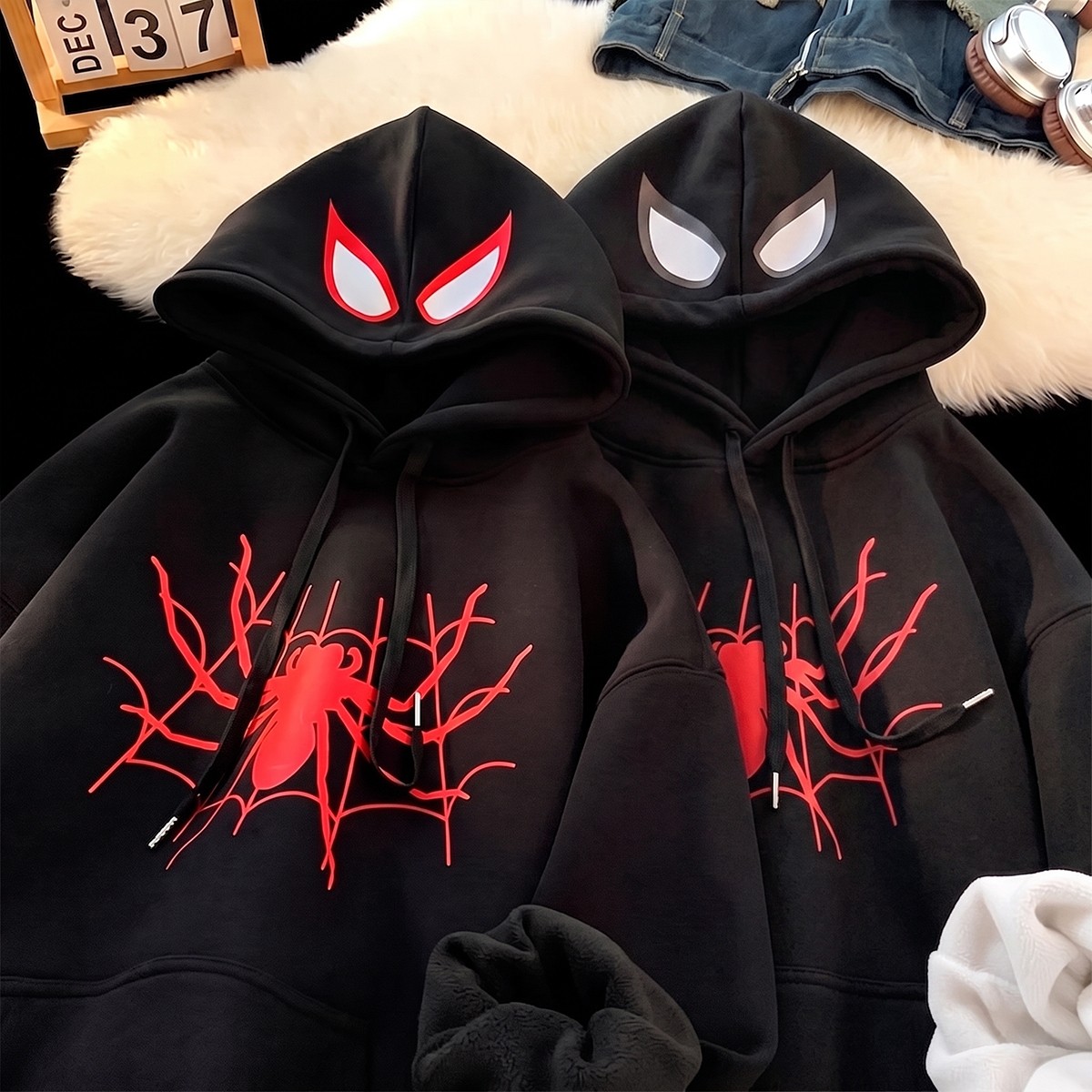 Macklin Sevgili - Arkadaş Çift Kombini Örümcek Adam Göğüs ve Kapüşon Baskılı Özel Tasarım Kapüşonlu Sweatshirt 2li Takım