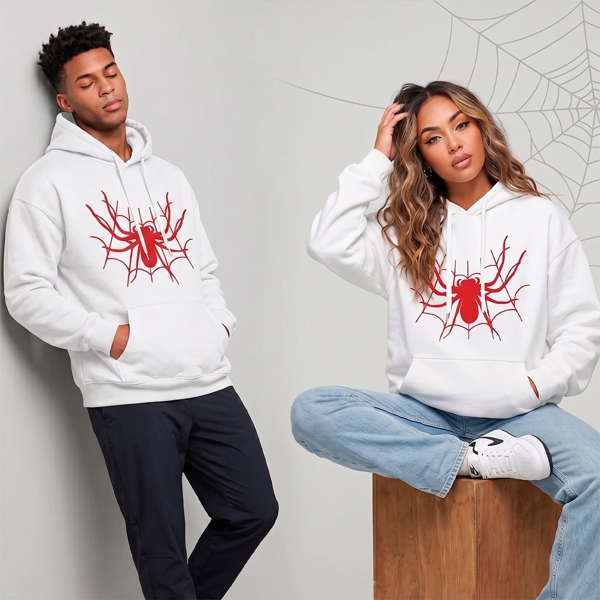 Macklin Sevgili - Arkadaş Çift Kombini Örümcek Adam Göğüs ve Kapüşon Baskılı Özel Tasarım Kapüşonlu Sweatshirt 2li Takım görsel 3