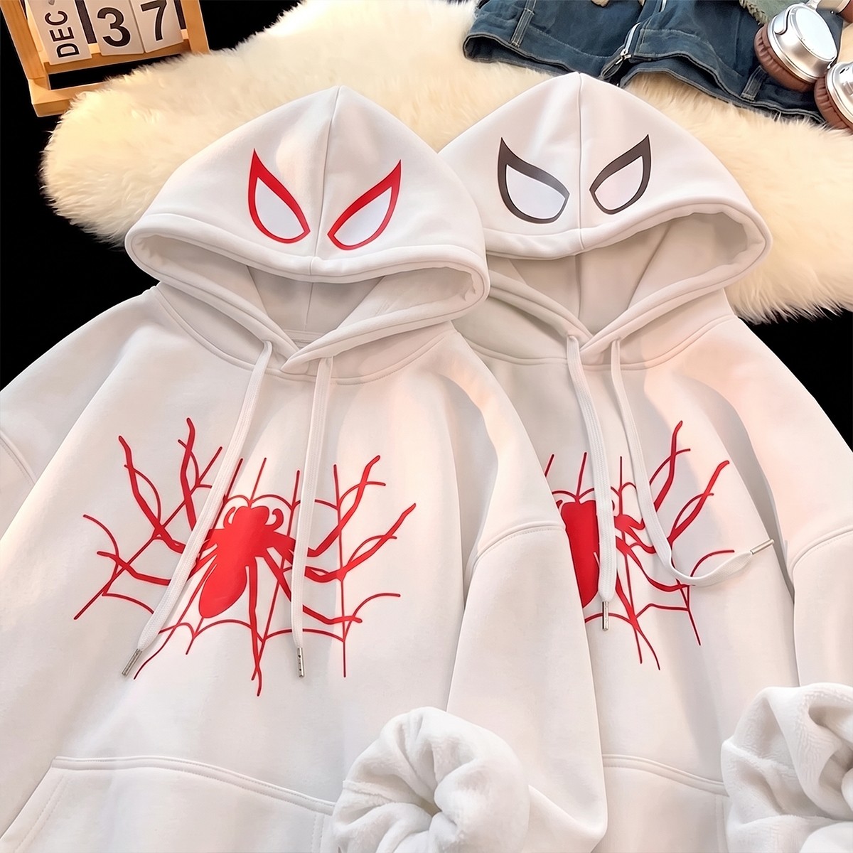 Macklin Sevgili - Arkadaş Çift Kombini Örümcek Adam Göğüs ve Kapüşon Baskılı Özel Tasarım Kapüşonlu Sweatshirt 2li Takım görsel 4