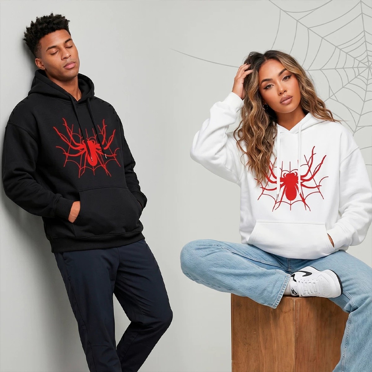 Macklin Sevgili - Arkadaş Çift Kombini Örümcek Adam Göğüs ve Kapüşon Baskılı Özel Tasarım Kapüşonlu Sweatshirt 2li Takım görsel 5