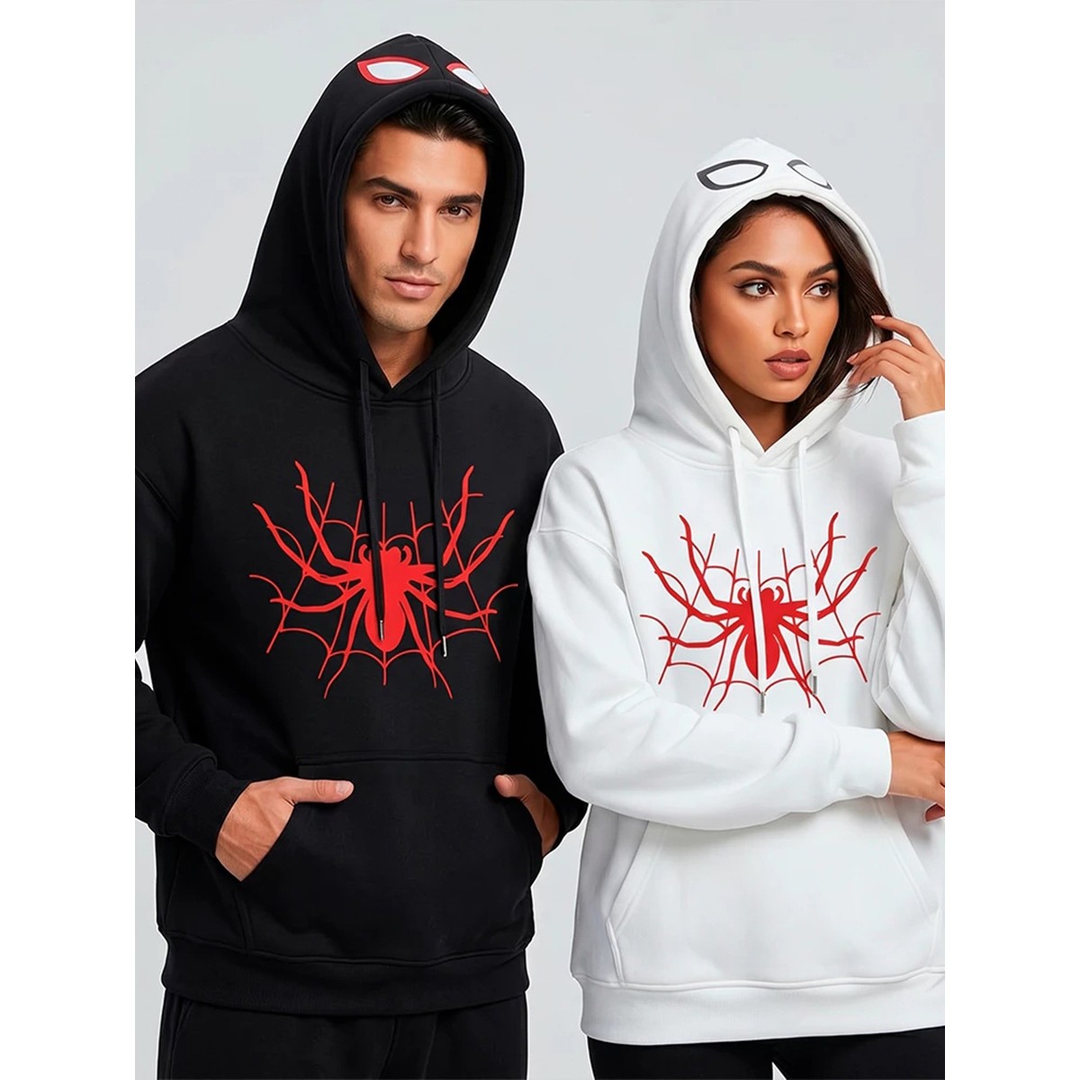 Macklin Sevgili - Arkadaş Çift Kombini Örümcek Adam Göğüs ve Kapüşon Baskılı Özel Tasarım Kapüşonlu Sweatshirt 2li Takım görsel 6