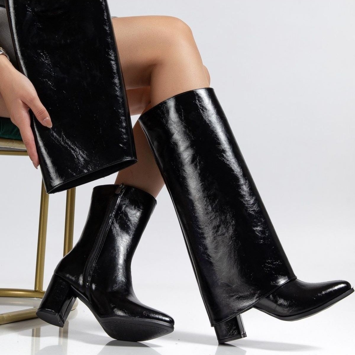 Shoegar Wila Siyah Parlak Topuklu Tak Çıkar Çizme görsel 4