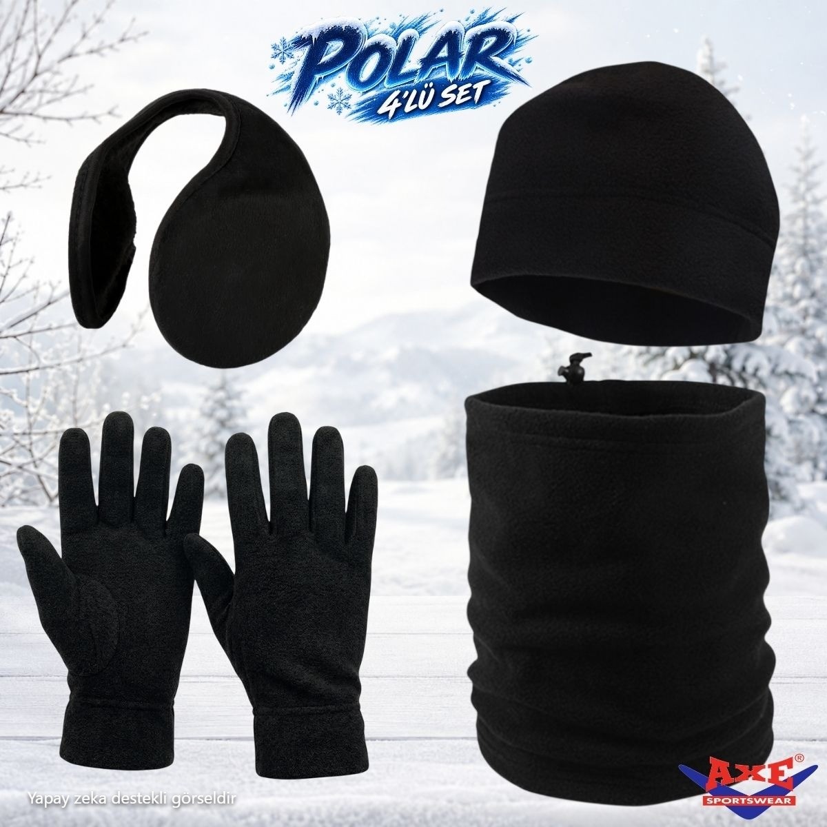 Axe Sportswear Kışlık Siyah Sıcak Tutan Bileği Sıkmayan Manşetli Katlamalı Termal Polar Eldiven Bere Boyunluk Kulaklık 4'lü Set