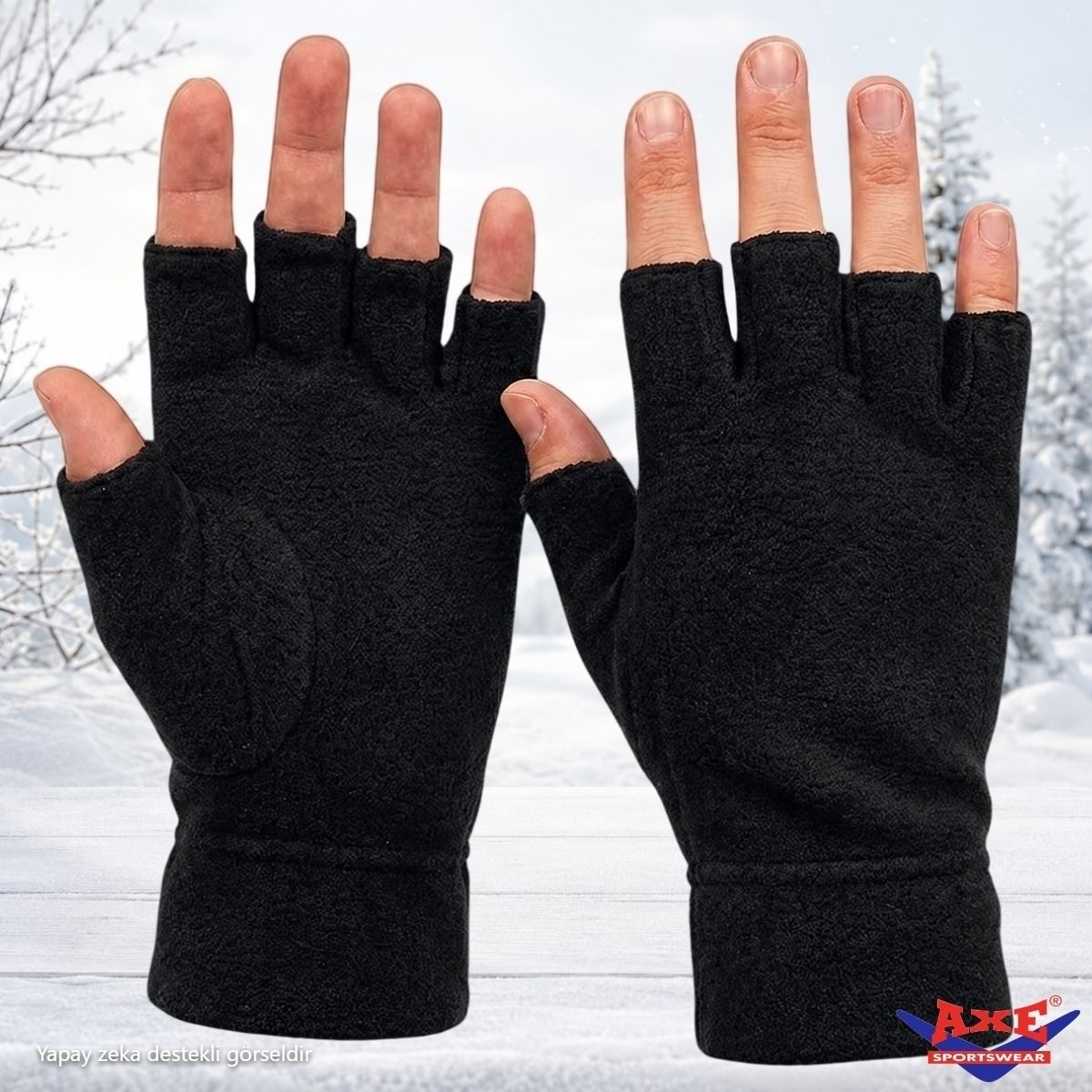Axe Sportswear Kışlık Siyah Sıcak Tutan Bileği Sıkmayan Manşetli Katlamalı Termal Parmaksız Kesik Polar Eldiven Bere Olabilen Boyunluk Kulaklık 4'lü Set Takım görsel 2