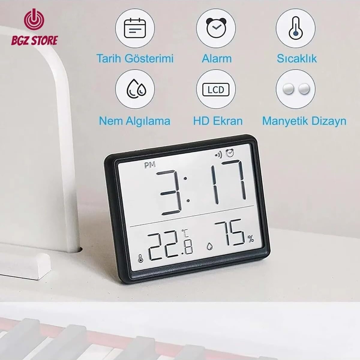 Özkaya Store Dijital Mini Saat LCD Ultra Ince Mıknatıslı Buzdolabı Saati Alarmlı Nem ve Sıcaklık Göstergeli 9X7CM görsel 2