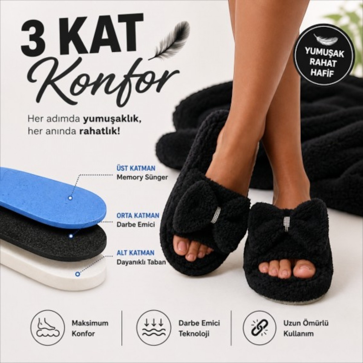 Black Flex Cozy Step 3 Katmanlı Pelush Terlik Siyah Fiyonklu 36-41