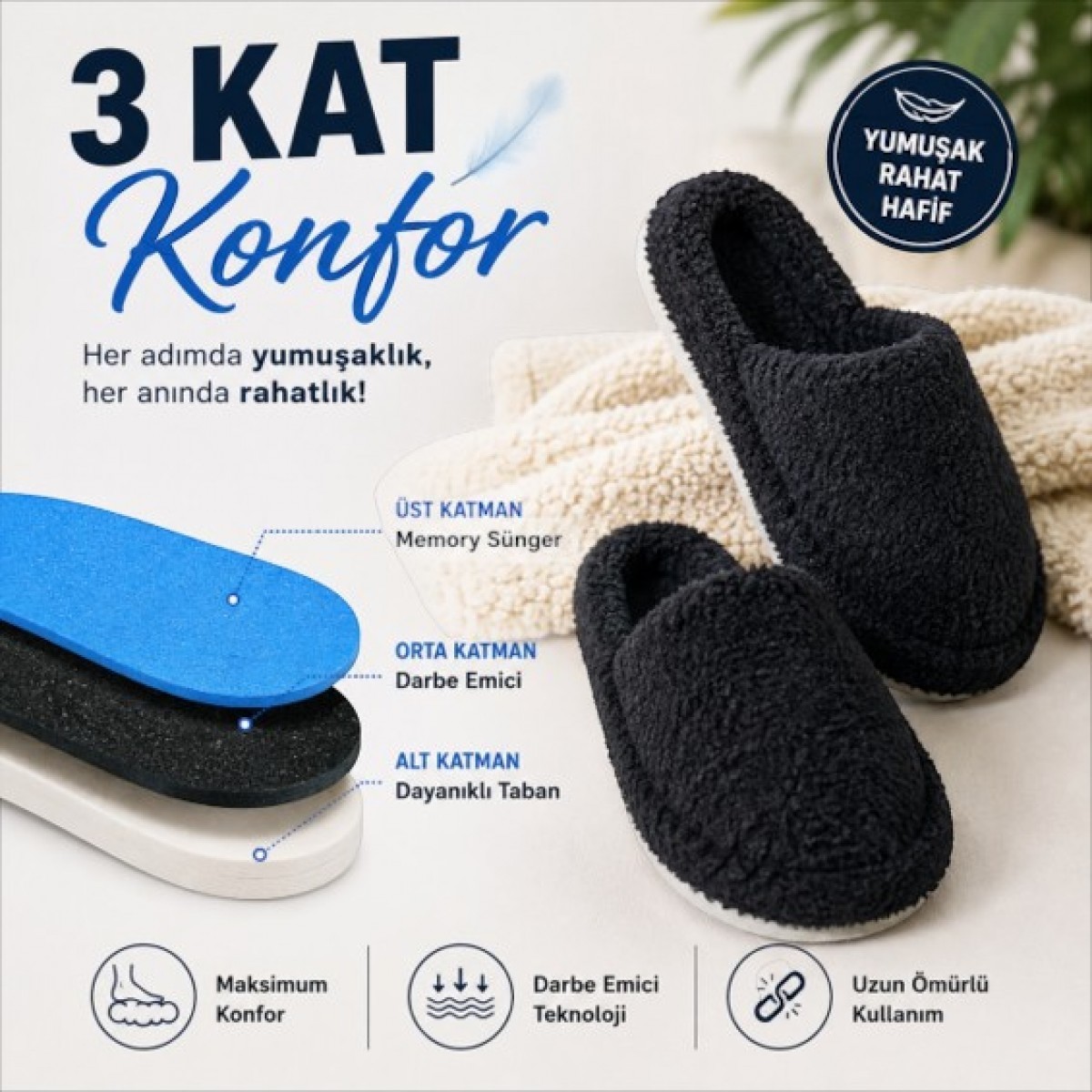 Black Flex Cozy Step 3 Katmanlı Pelush Terlik Düz Siyah 36-41