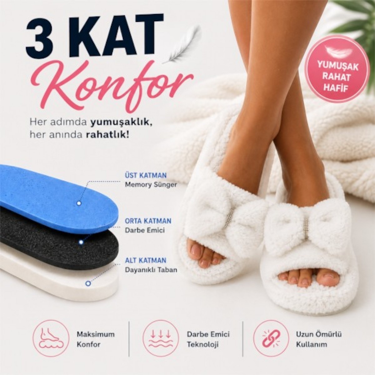 Black Flex Cozy Step 3 Katmanlı Pelush Terlik Krem Fiyonklu 36-41