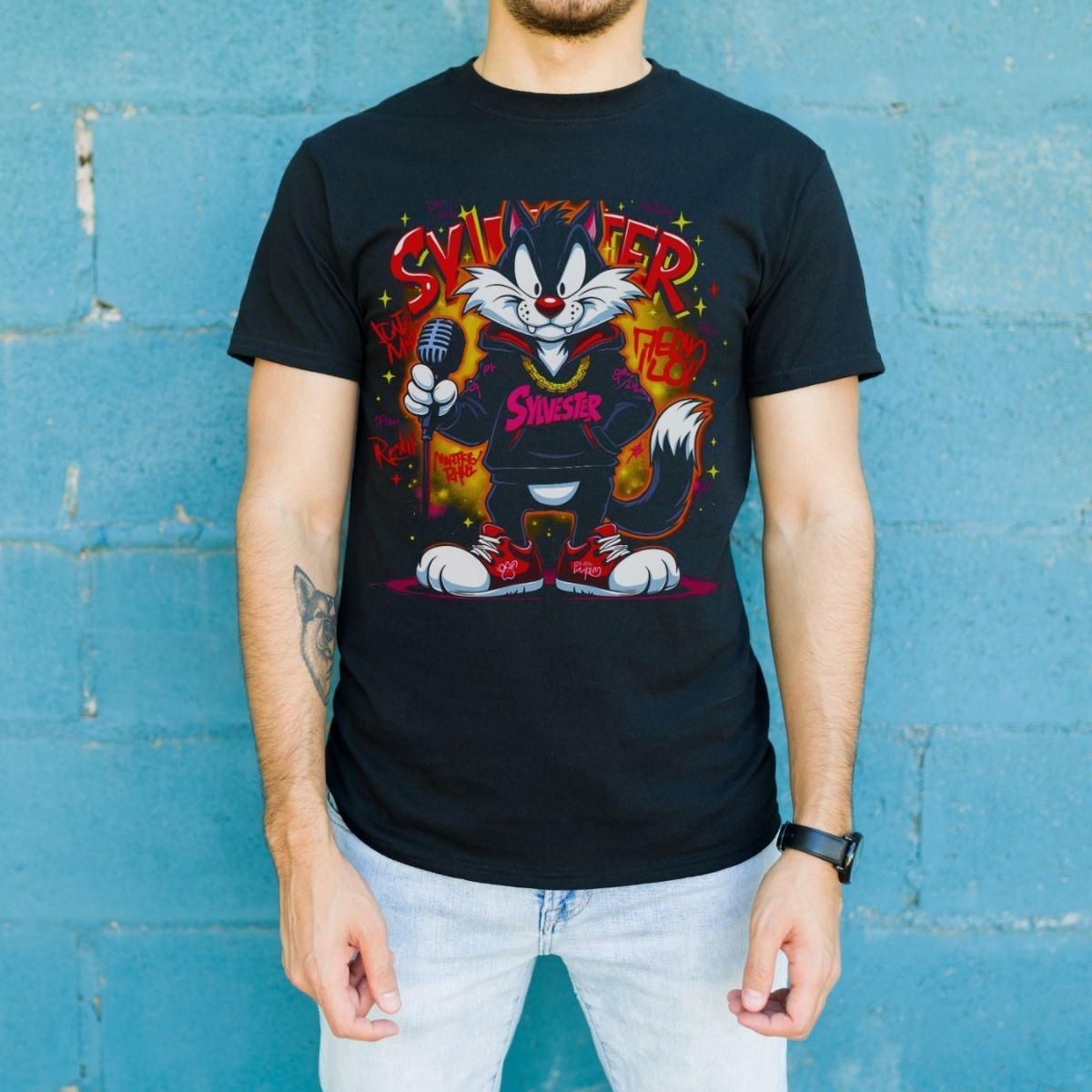 Fantastik Store Sylvester Graffiti Baskılı Unisex Siyah Oversize Tişört - 24/1 Penye görsel 2