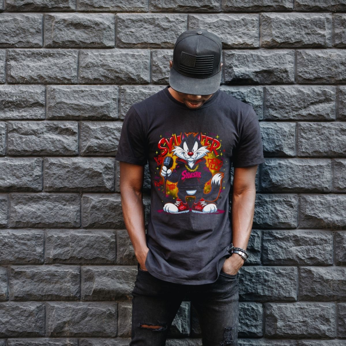 Fantastik Store Sylvester Graffiti Baskılı Unisex Siyah Oversize Tişört - 24/1 Penye görsel 3