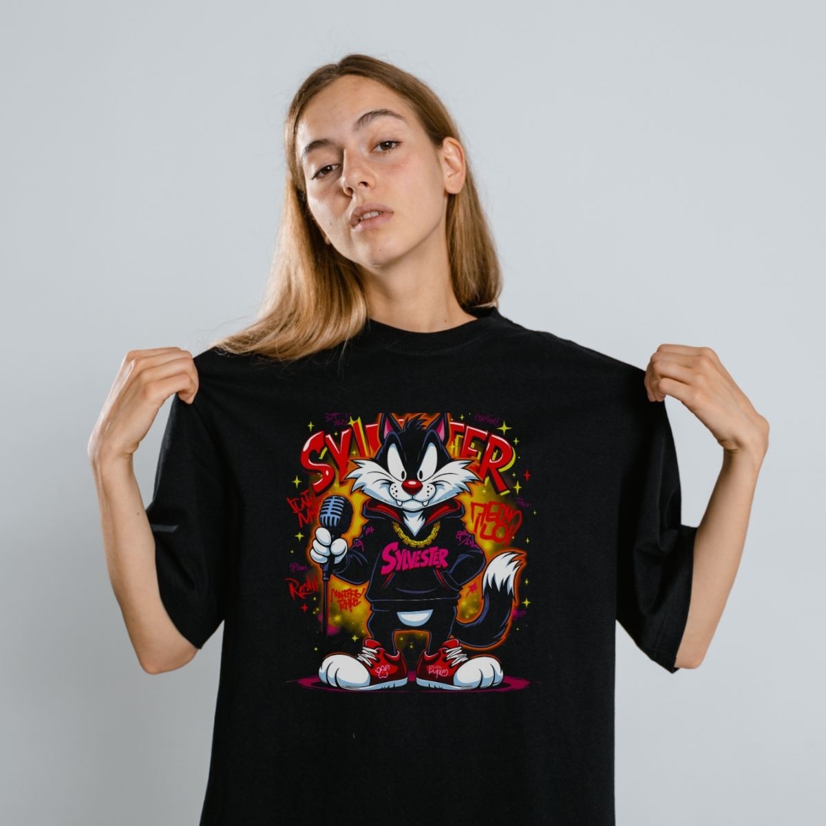 Fantastik Store Sylvester Graffiti Baskılı Unisex Siyah Oversize Tişört - 24/1 Penye görsel 4