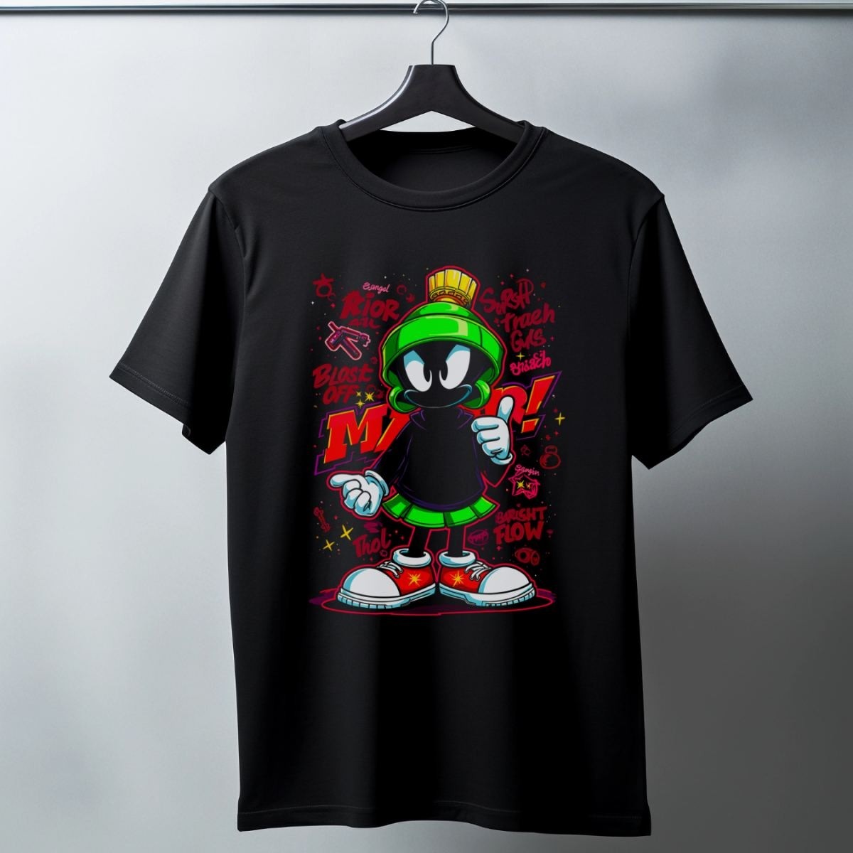 Fantastik Store Marvin The Martian Graffiti Baskılı Unisex Siyah Tişört - 24/1 Penye Pamuklu