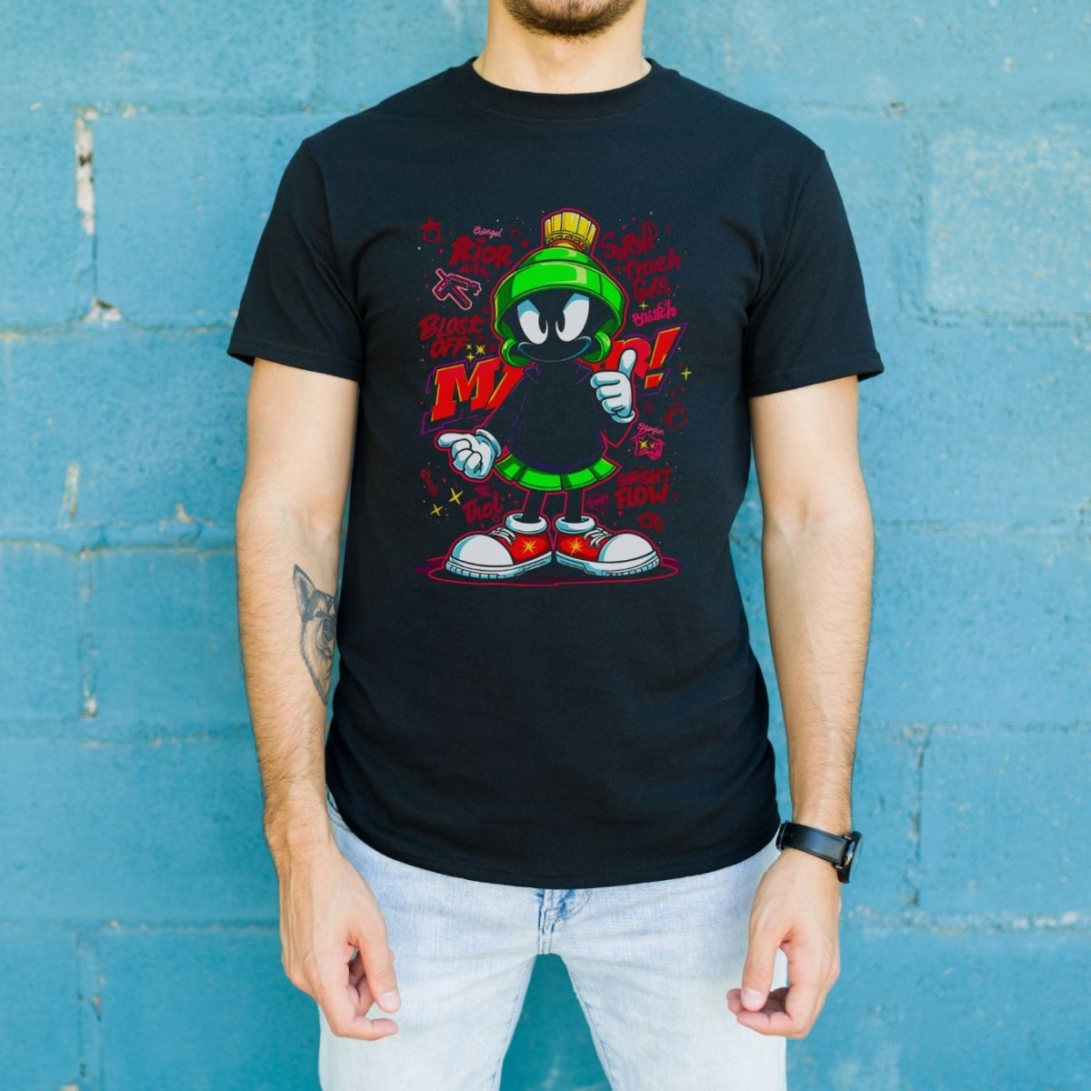 Fantastik Store Marvin The Martian Graffiti Baskılı Unisex Siyah Tişört - 24/1 Penye Pamuklu görsel 2