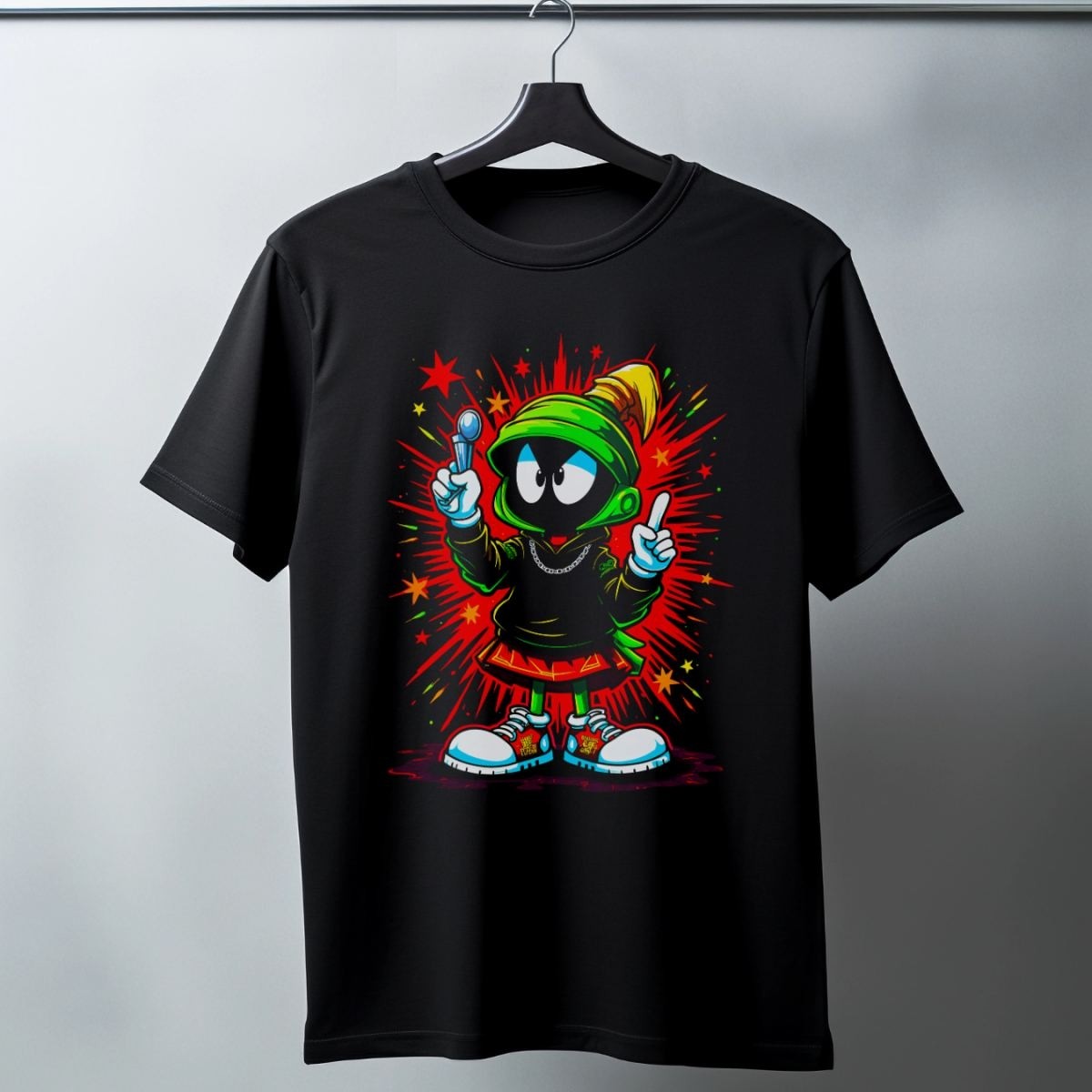 Fantastik Store Marvin The Martian Graffiti Baskılı Unisex Siyah Tişört - 24/1 Penye Pamuklu