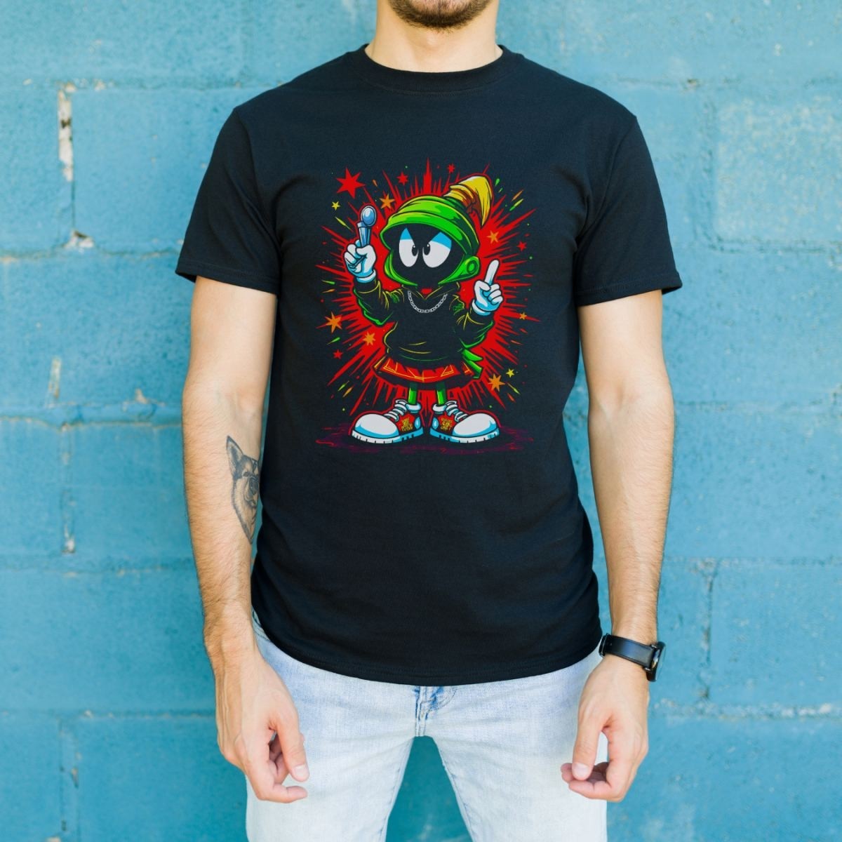 Fantastik Store Marvin The Martian Graffiti Baskılı Unisex Siyah Tişört - 24/1 Penye Pamuklu görsel 2