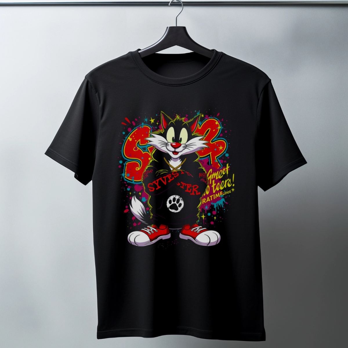Fantastik Store Sylvester Graffiti Baskılı Unisex Siyah Oversize Tişört - 24/1 Penye