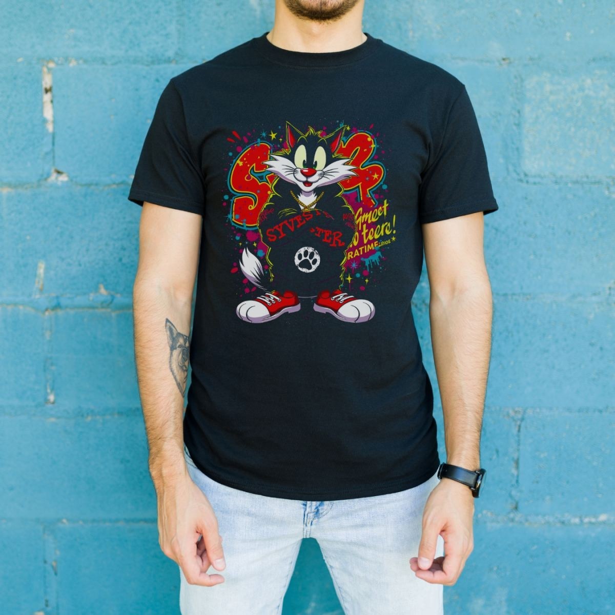Fantastik Store Sylvester Graffiti Baskılı Unisex Siyah Oversize Tişört - 24/1 Penye görsel 2