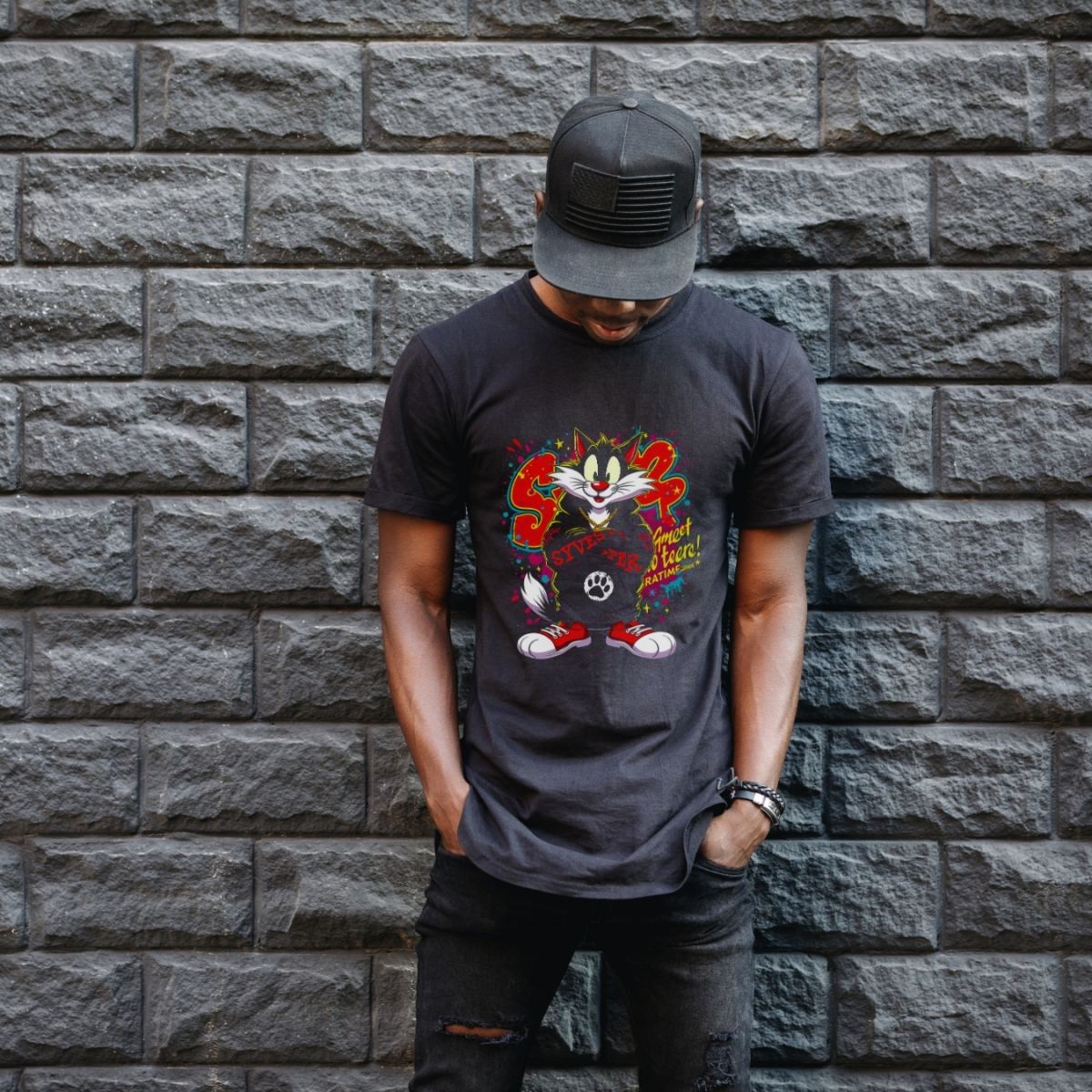 Fantastik Store Sylvester Graffiti Baskılı Unisex Siyah Oversize Tişört - 24/1 Penye görsel 3