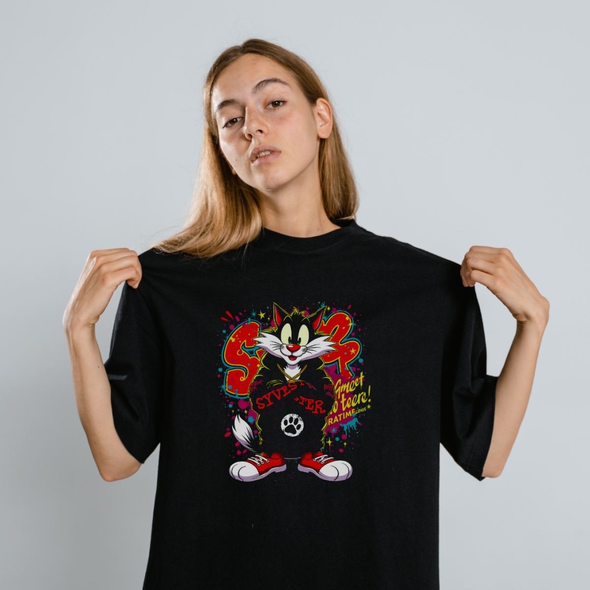 Fantastik Store Sylvester Graffiti Baskılı Unisex Siyah Oversize Tişört - 24/1 Penye görsel 4