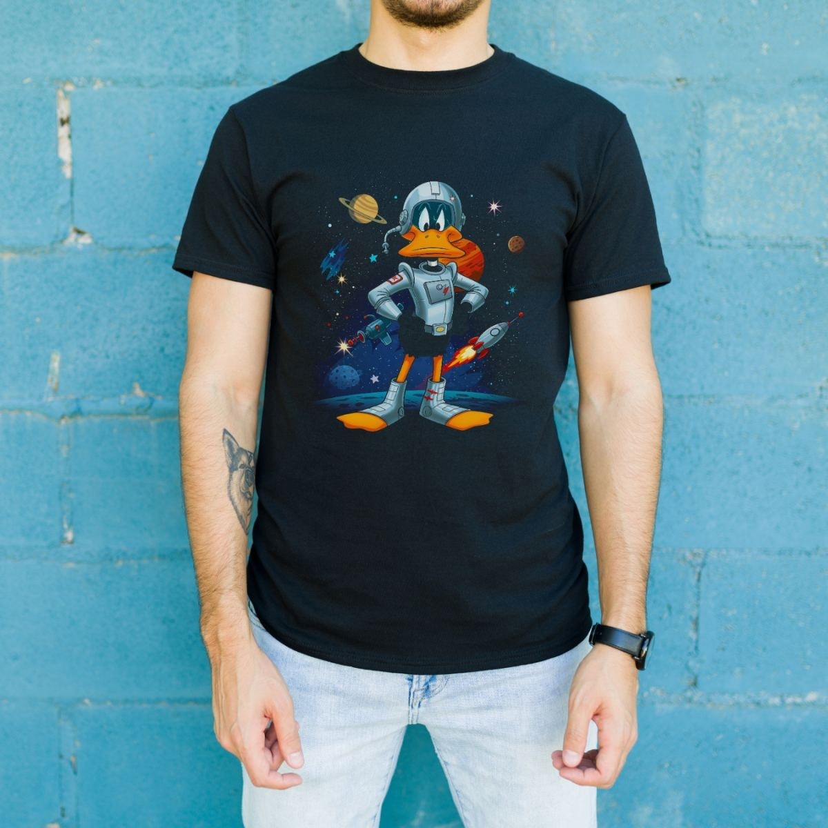 Fantastik Store Duck Dodgers Uzay Baskılı Unisex Siyah Oversize Tişört - 24/1 Penye görsel 2