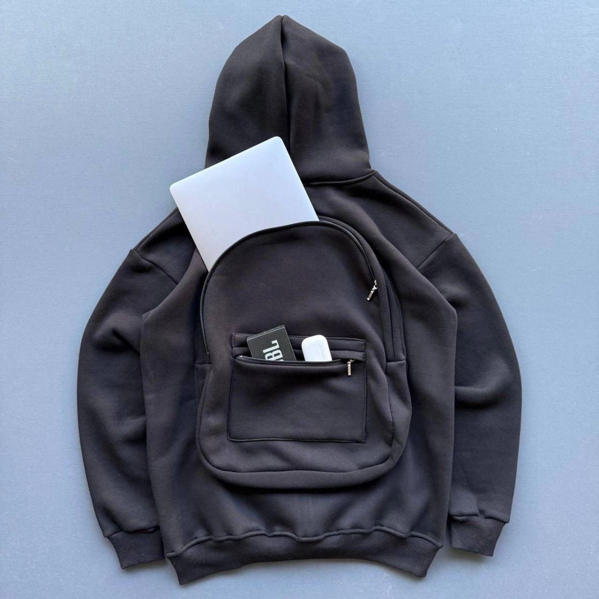 Fantastik Store Kadın 3 Iplik Şardonlu Tam Fermuarlı Kapüşonlu Arka Çanta Detaylı Sweatshirt - Siyah görsel 2