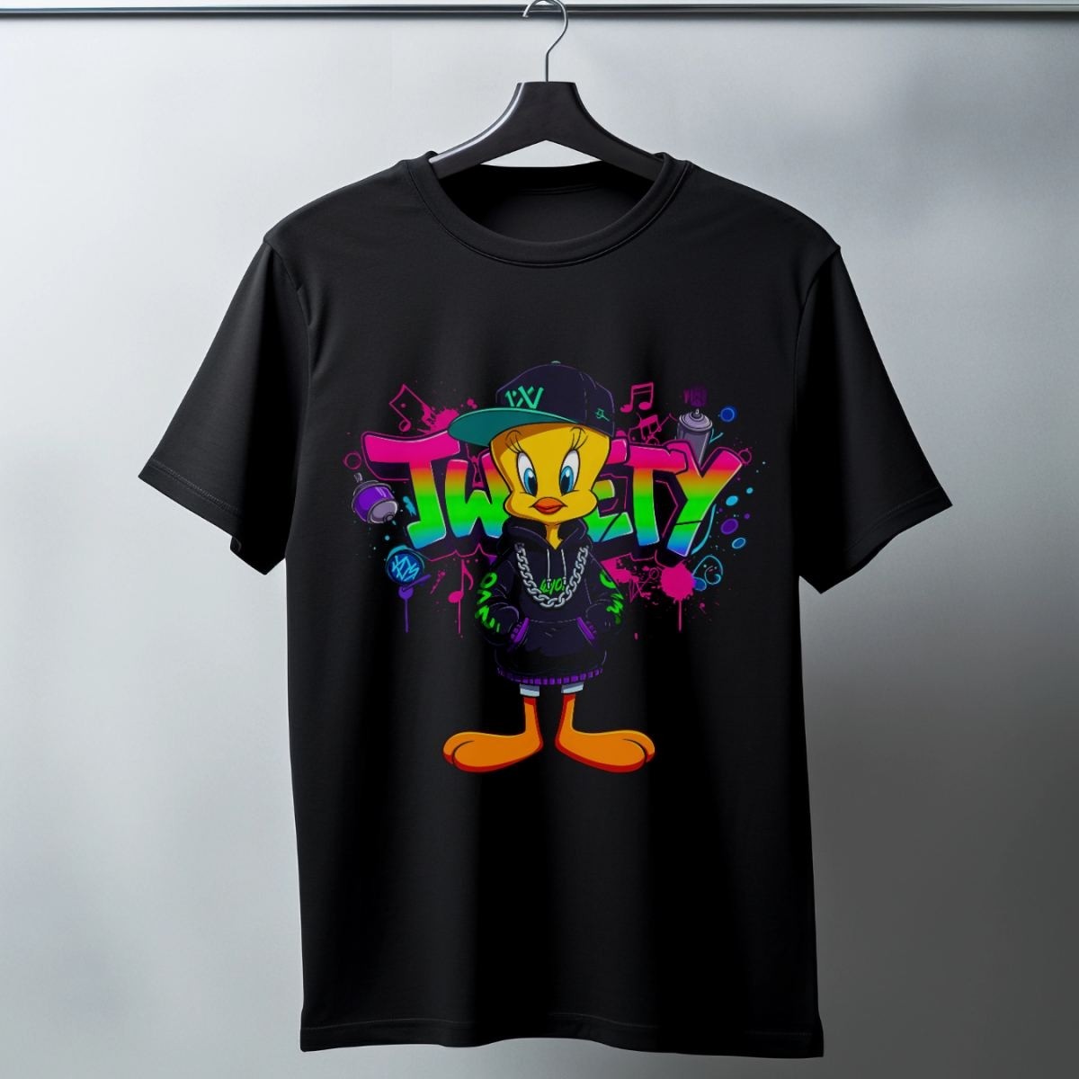 Fantastik Store Tweety Graffiti Baskılı Unisex Siyah Oversize Tişört - 24/1 Penye