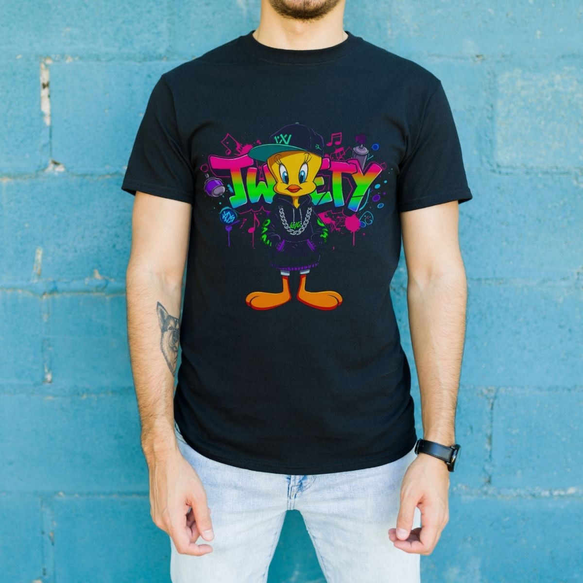 Fantastik Store Tweety Graffiti Baskılı Unisex Siyah Oversize Tişört - 24/1 Penye görsel 2