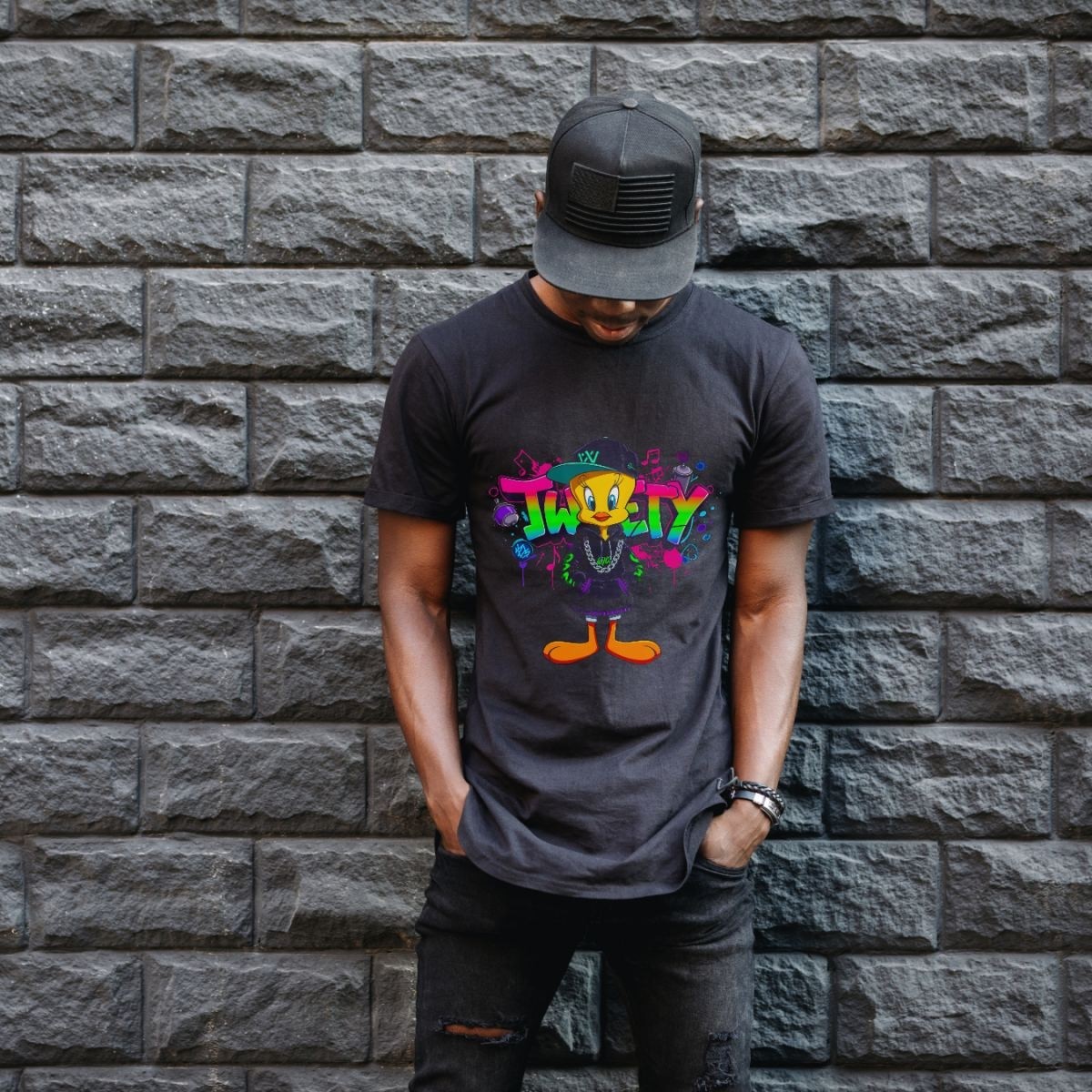 Fantastik Store Tweety Graffiti Baskılı Unisex Siyah Oversize Tişört - 24/1 Penye görsel 3