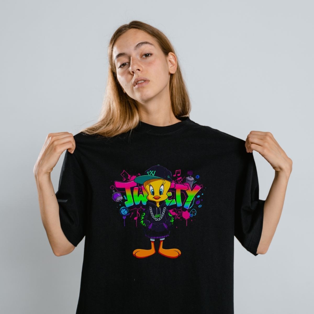 Fantastik Store Tweety Graffiti Baskılı Unisex Siyah Oversize Tişört - 24/1 Penye görsel 4