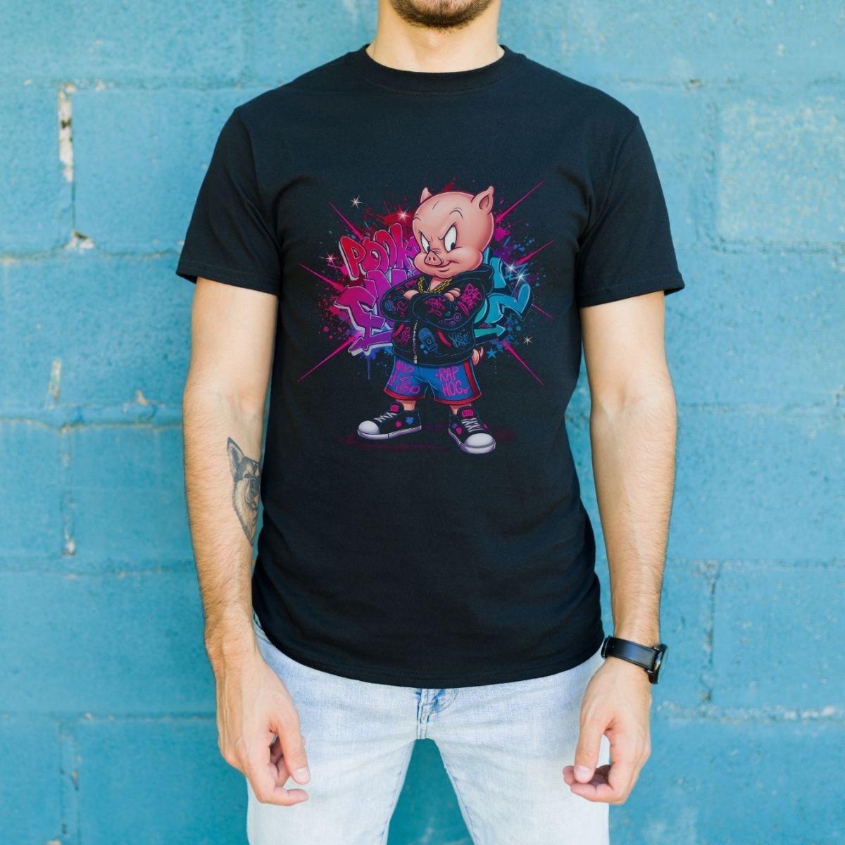 Fantastik Store Porky Pig Graffiti Baskılı Unisex Siyah Oversize Tişört - 24/1 Penye görsel 2