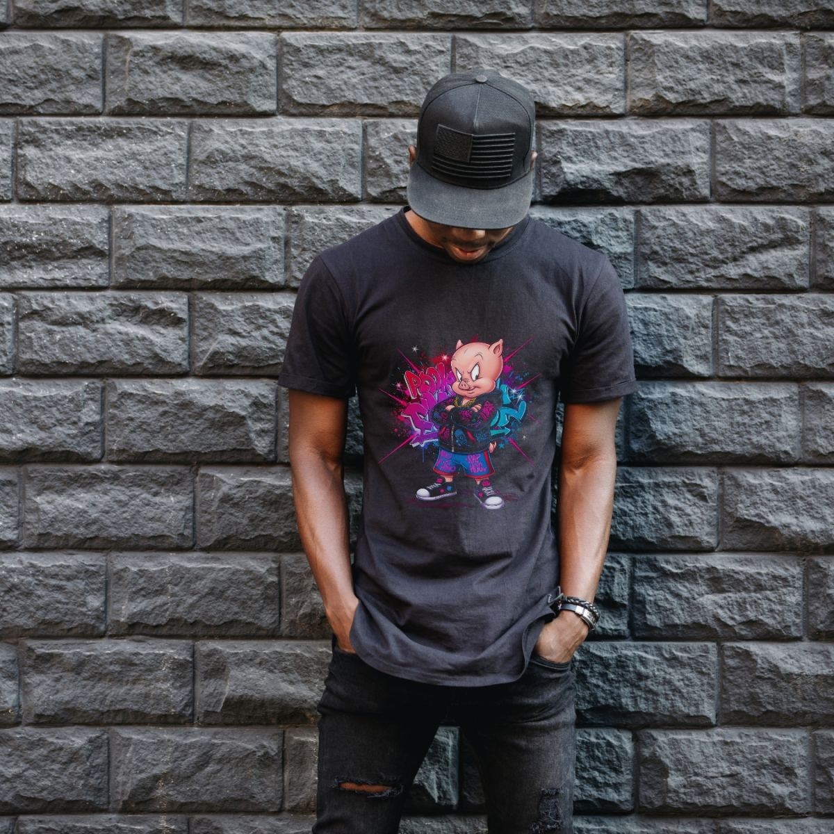 Fantastik Store Porky Pig Graffiti Baskılı Unisex Siyah Oversize Tişört - 24/1 Penye görsel 3