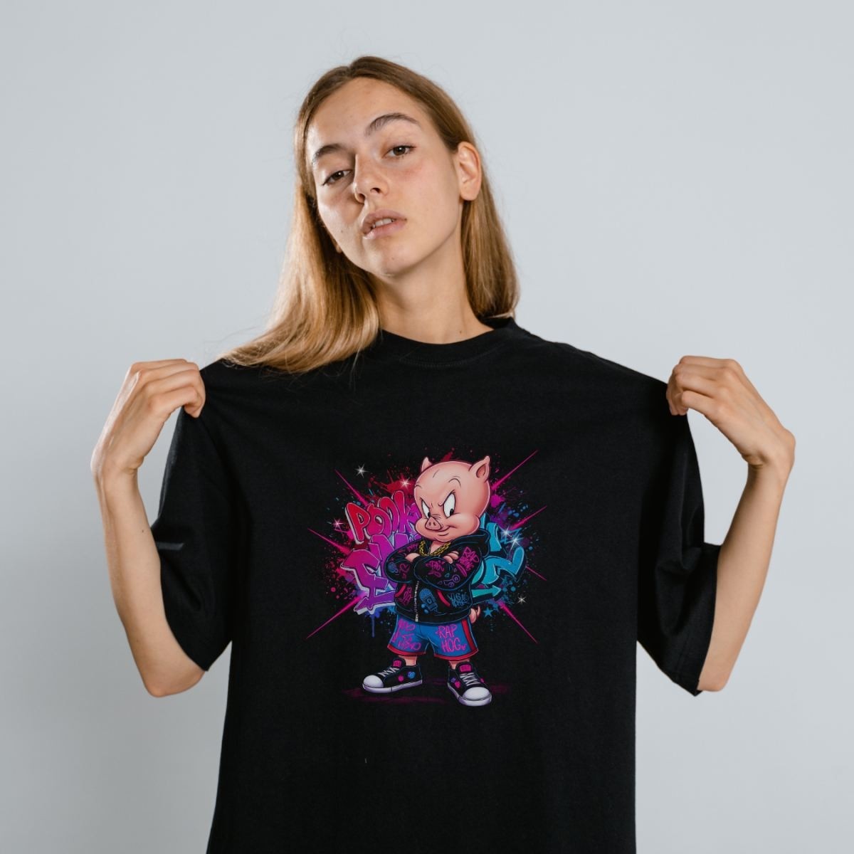 Fantastik Store Porky Pig Graffiti Baskılı Unisex Siyah Oversize Tişört - 24/1 Penye görsel 4