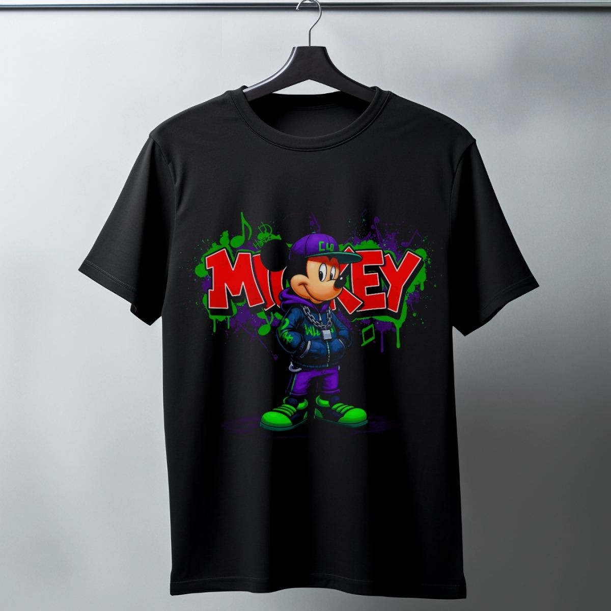 Fantastik Store Mickey Mouse Graffiti Baskılı Unisex Siyah Oversize Tişört - 24/1 Penye
