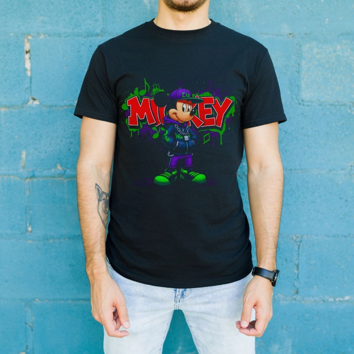 Fantastik Store Mickey Mouse Graffiti Baskılı Unisex Siyah Oversize Tişört - 24/1 Penye görsel 2