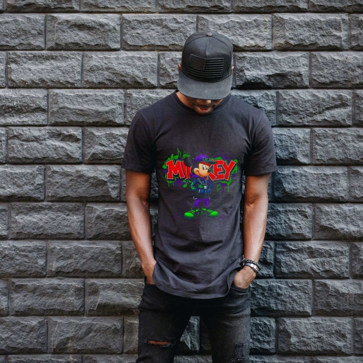 Fantastik Store Mickey Mouse Graffiti Baskılı Unisex Siyah Oversize Tişört - 24/1 Penye görsel 3